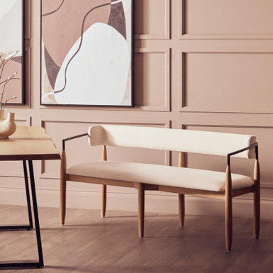Persolo Cream Textured Fabric Dining Bench with Mango Wood Frame