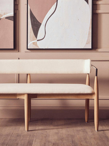 Persolo Cream Textured Fabric Dining Bench with Mango Wood Frame