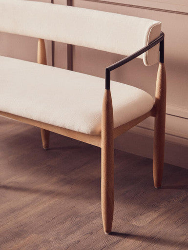 Persolo Cream Textured Fabric Dining Bench with Mango Wood Frame