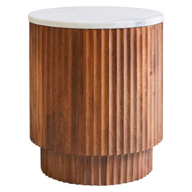 Torcino White Marble and Carved Mango Wood Side Table