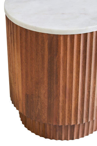 Torcino White Marble and Carved Mango Wood Side Table