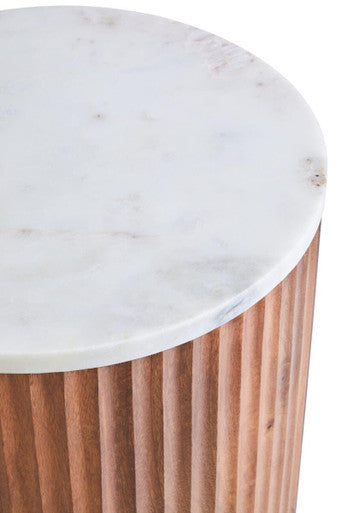 Torcino White Marble and Carved Mango Wood Side Table