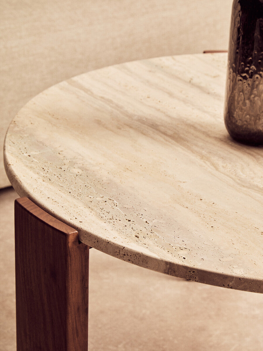 Palermo Travertine and Natural Acacia Wood Large Round Coffee Table