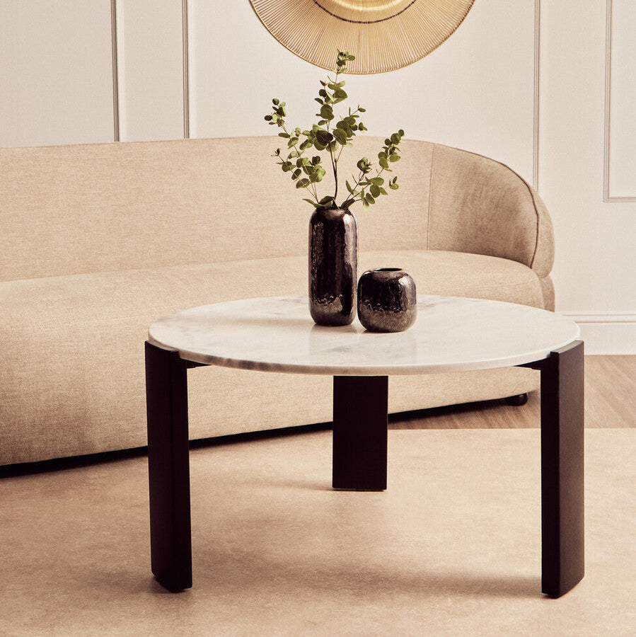 Palermo White Marble and Black Acacia Wood Large Round Coffee Table