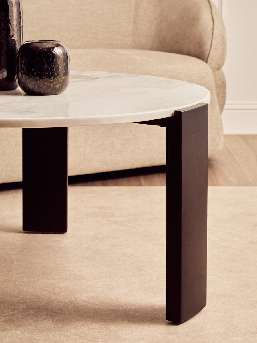 Palermo White Marble and Black Acacia Wood Large Round Coffee Table