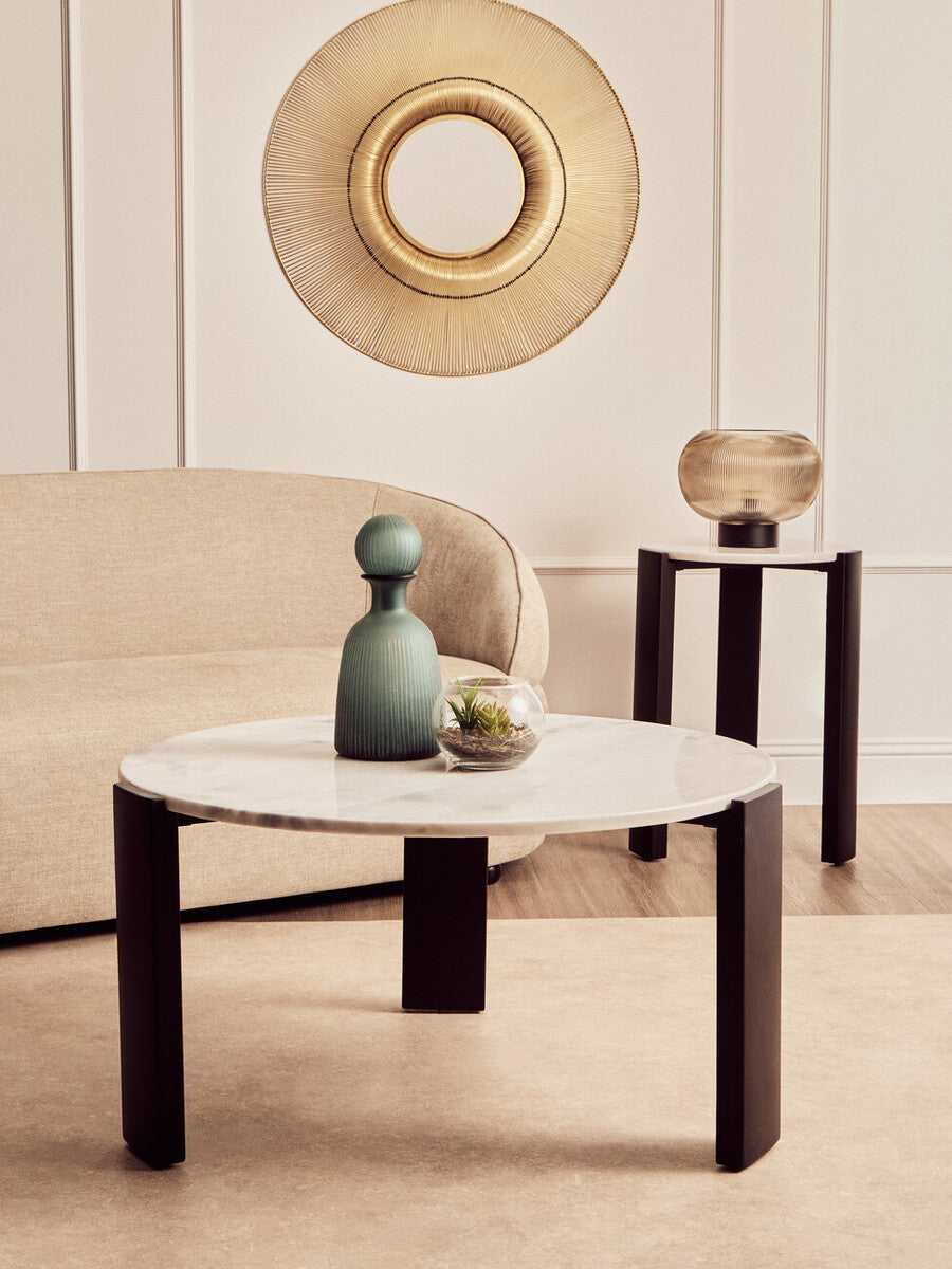 Palermo White Marble and Black Acacia Wood Large Round Coffee Table
