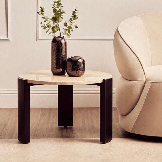 Palermo Cream Marble and Black Acacia Wood Small Round Coffee Table
