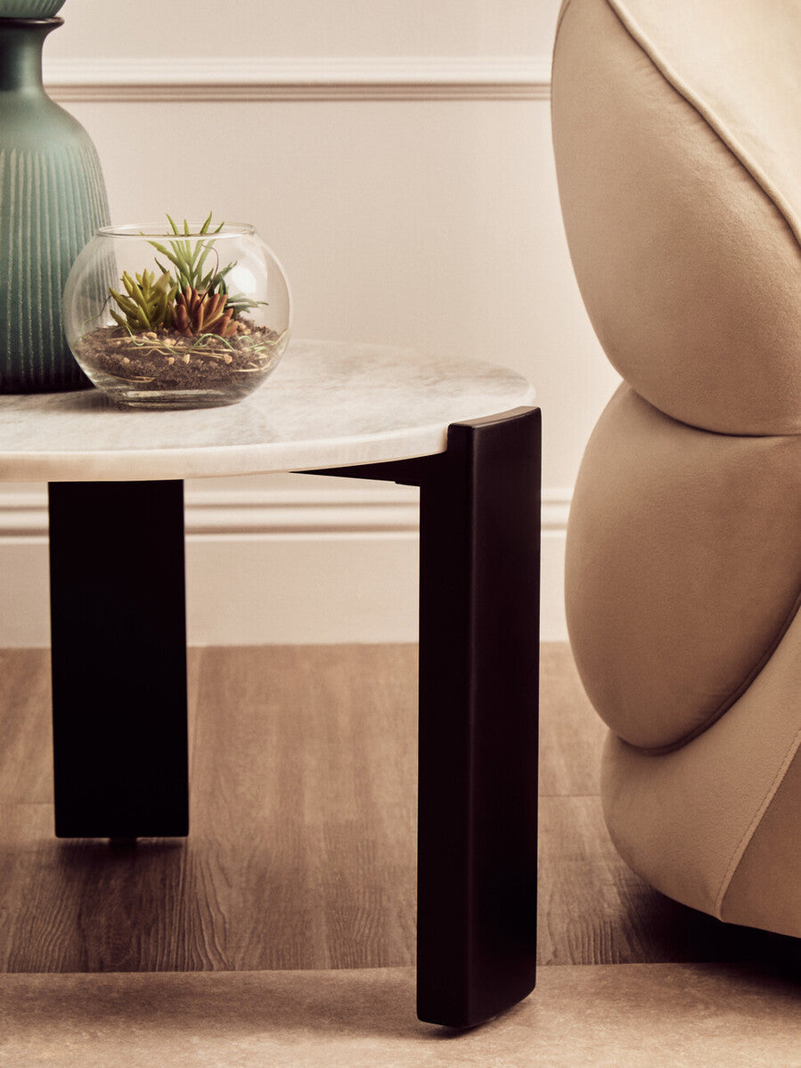 White Round Marble Top Small Coffee Table with Black Acacia Legs | Palermo