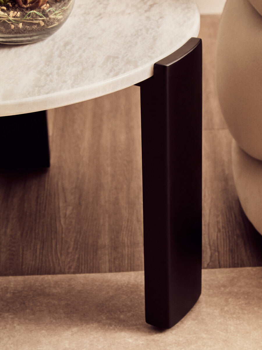 White Round Marble Top Small Coffee Table with Black Acacia Legs | Palermo