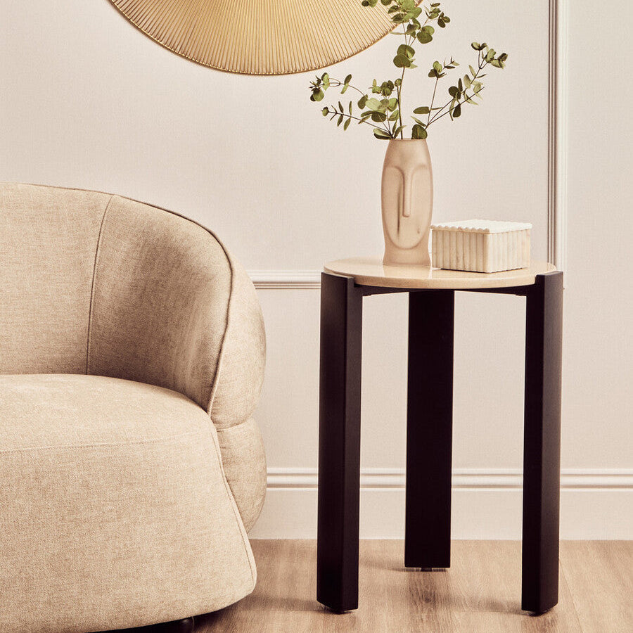 Cream Marble Top Round Side Table with Black Acacia Wood Legs | Palermo