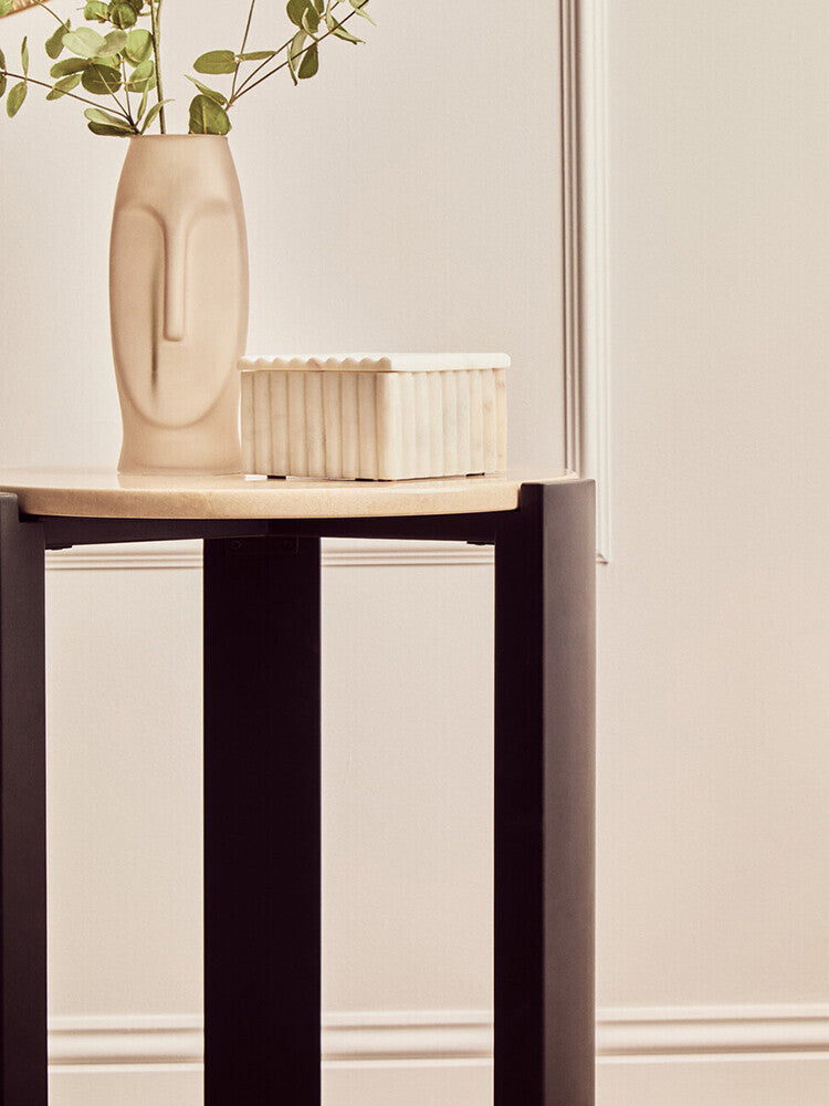 Cream Marble Top Round Side Table with Black Acacia Wood Legs | Palermo