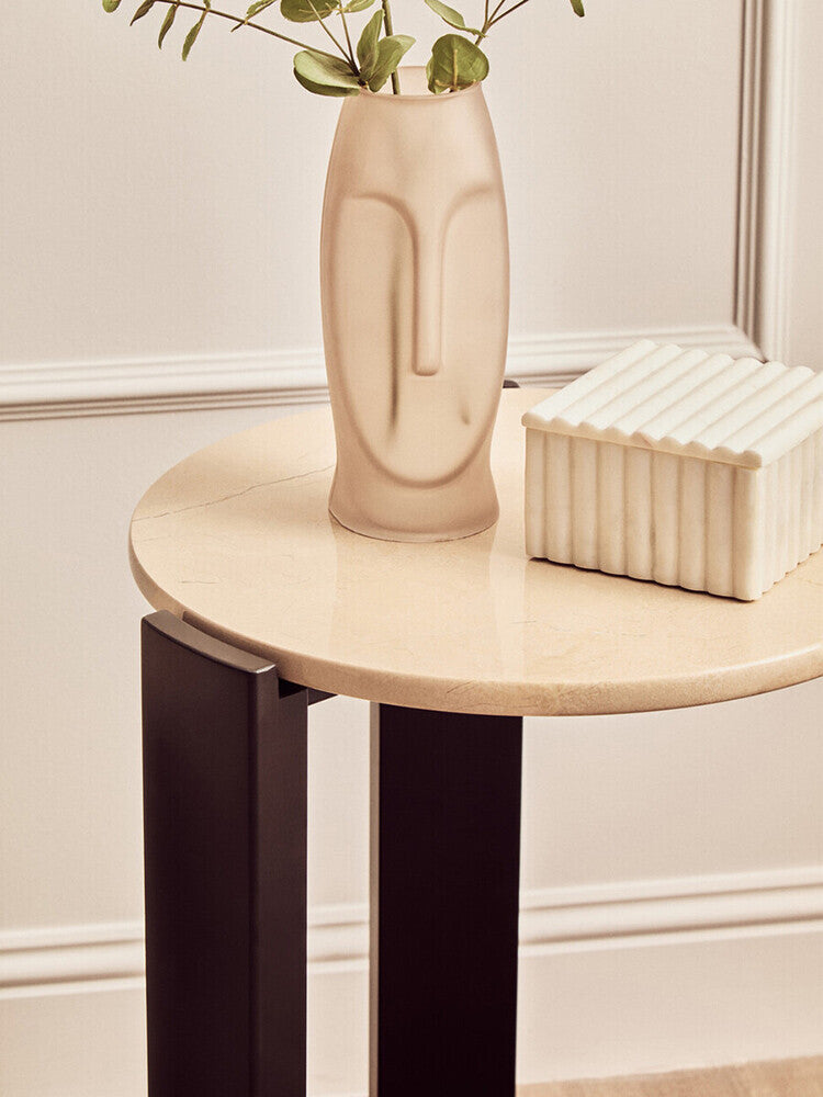 Cream Marble Top Round Side Table with Black Acacia Wood Legs | Palermo