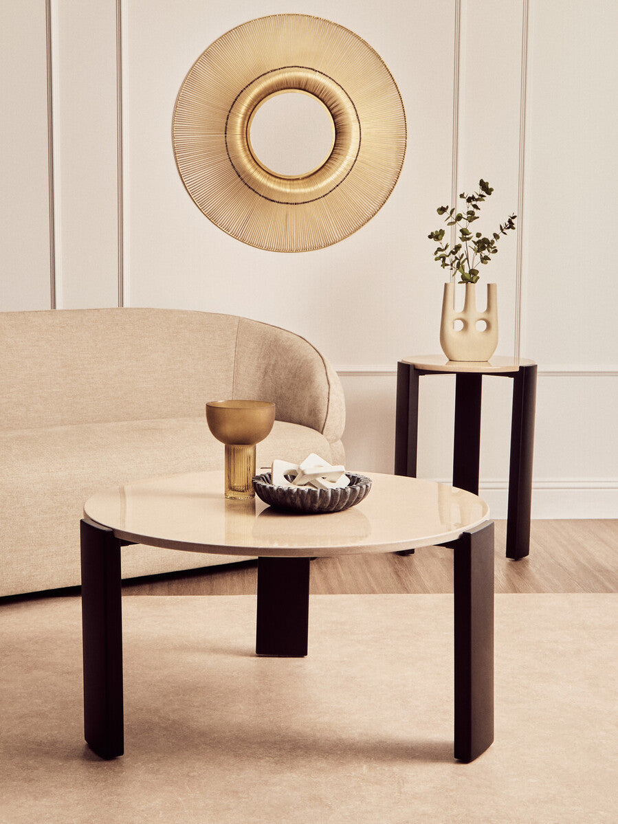 Cream Marble Top Round Side Table with Black Acacia Wood Legs | Palermo
