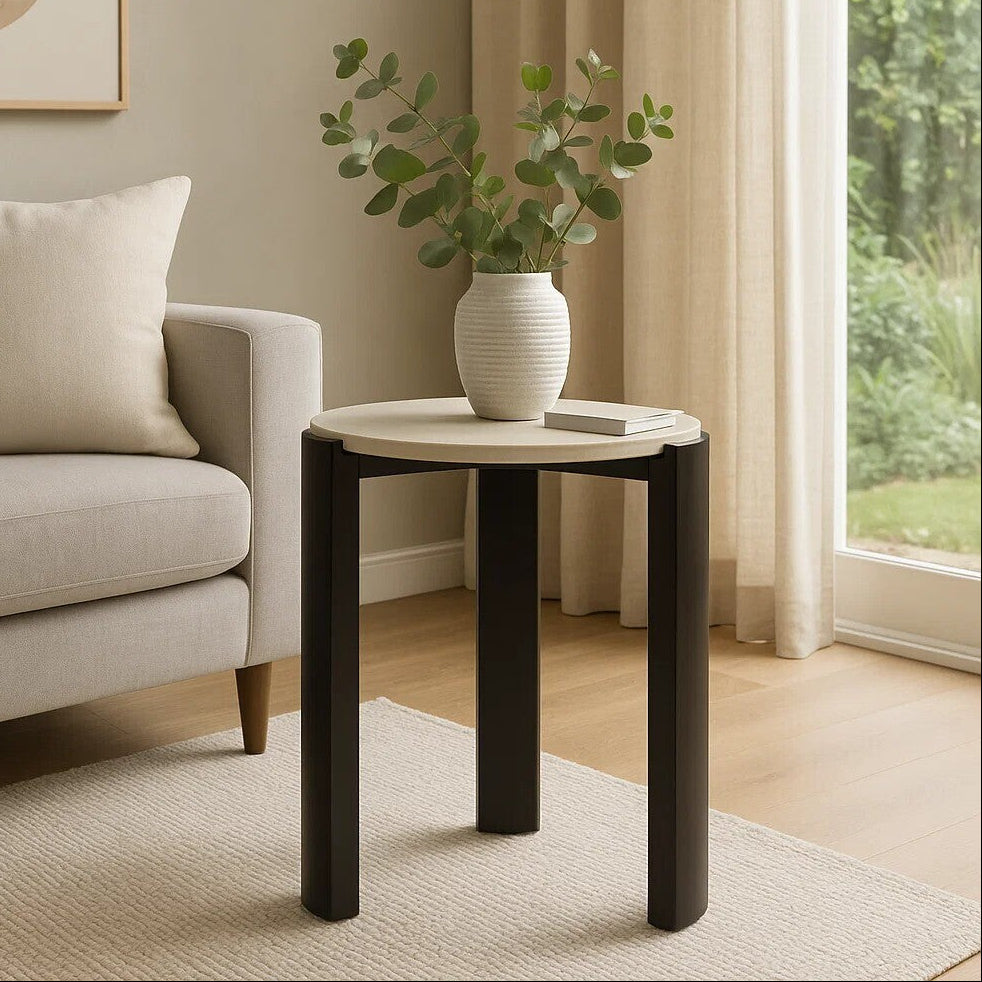 Cream Marble Top Round Side Table with Black Acacia Wood Legs | Palermo