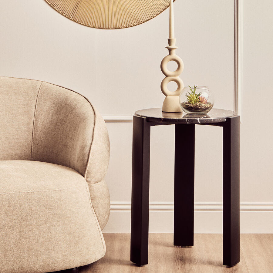 Black Marble Top Round Side Table with Black Acacia Wood Legs | Palermo