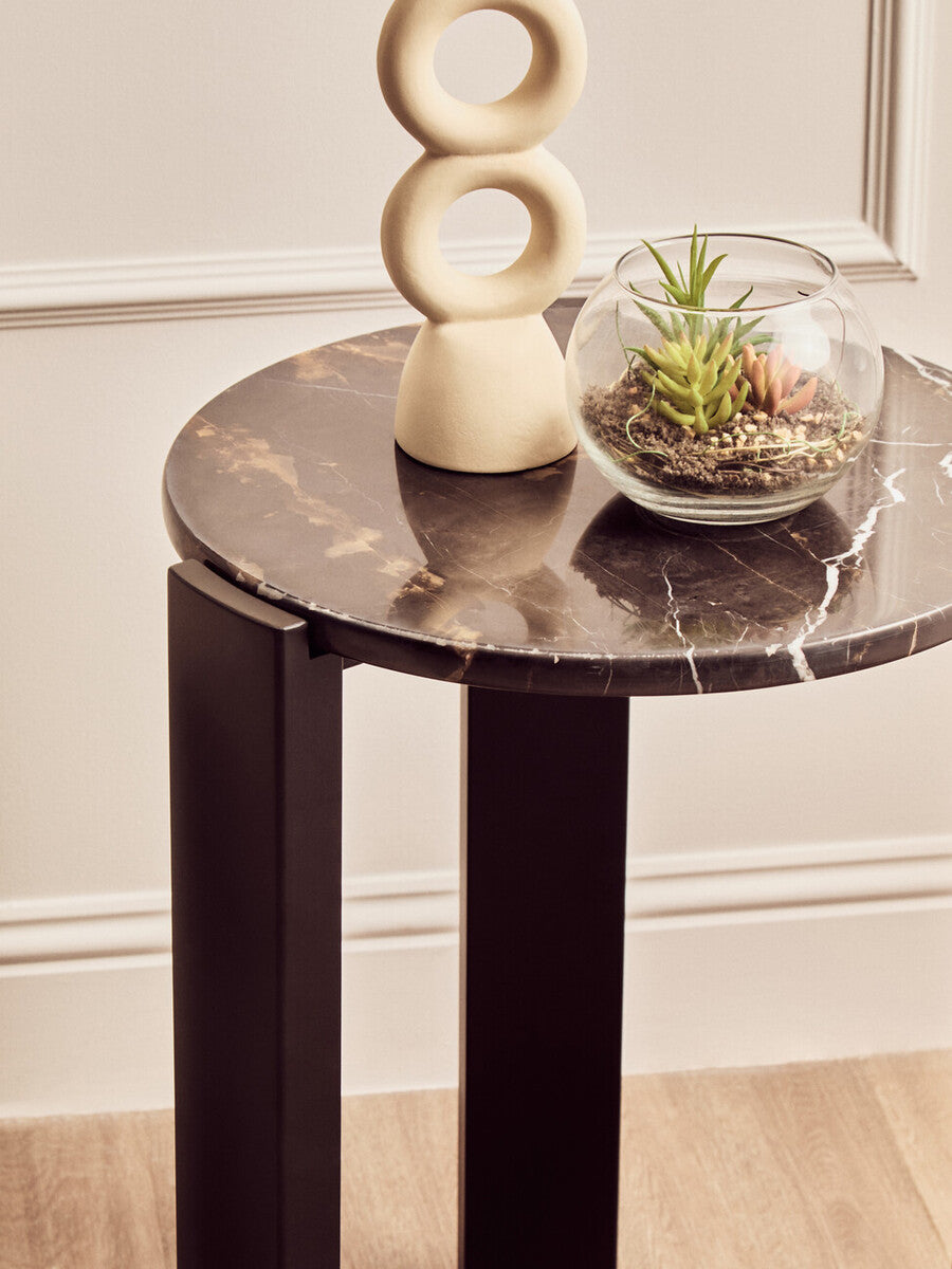 Black Marble Top Round Side Table with Black Acacia Wood Legs | Palermo