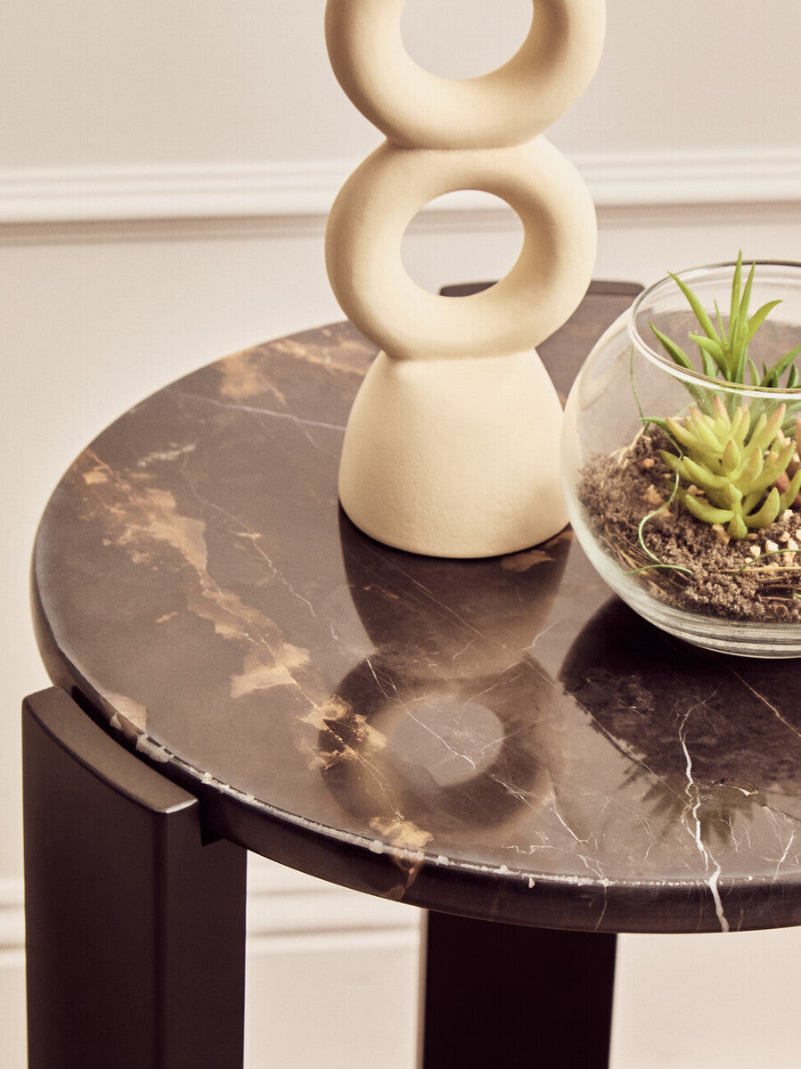 Black Marble Top Round Side Table with Black Acacia Wood Legs | Palermo