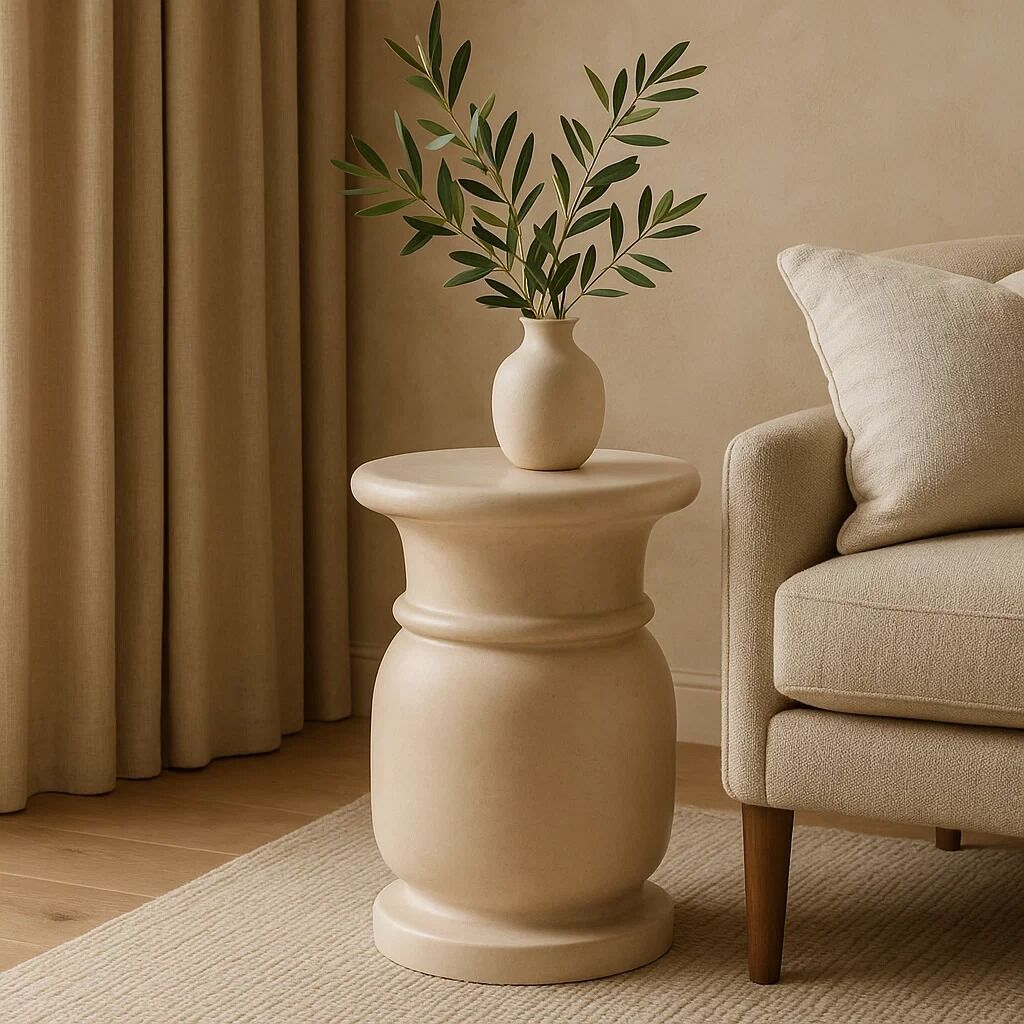 Zoro Cream Marble Side Table and Stool with Smooth Finish