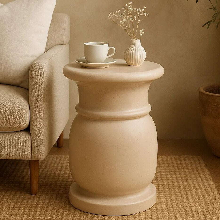 Zoro Cream Marble Side Table and Stool with Smooth Finish
