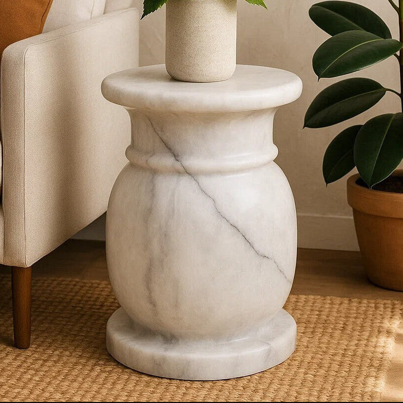 Zoro White Marble Side Table and Stool