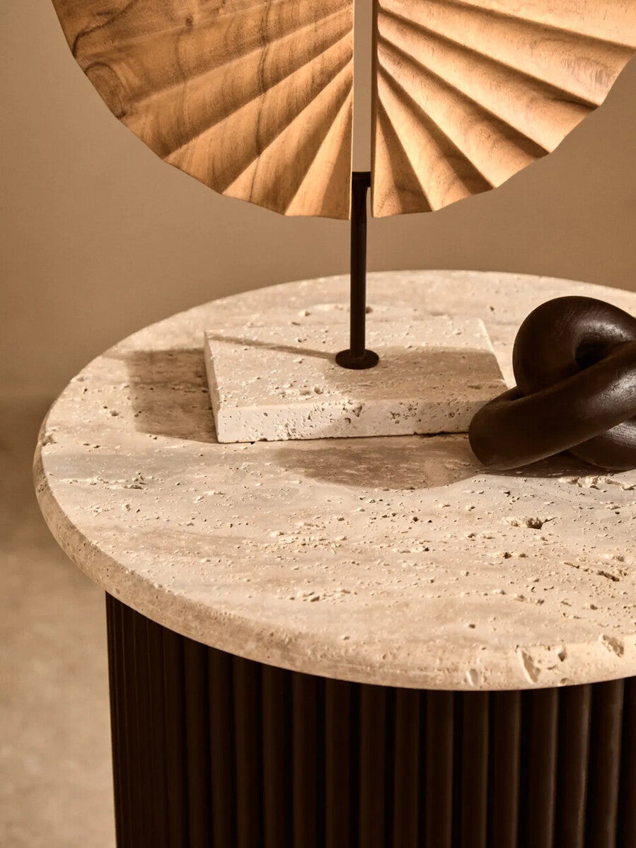Walton Cream Travertine and Black Acacia Wood Side Table
