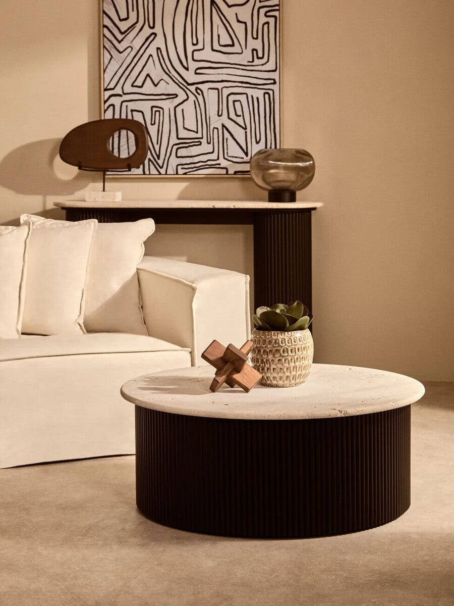 Walton Cream Travertine and Black Acacia Wood Coffee Table