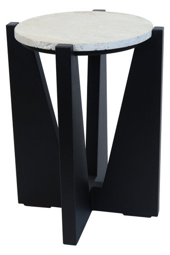 Winton Cream Travertine and Black Finish Acacia Wood Side Table