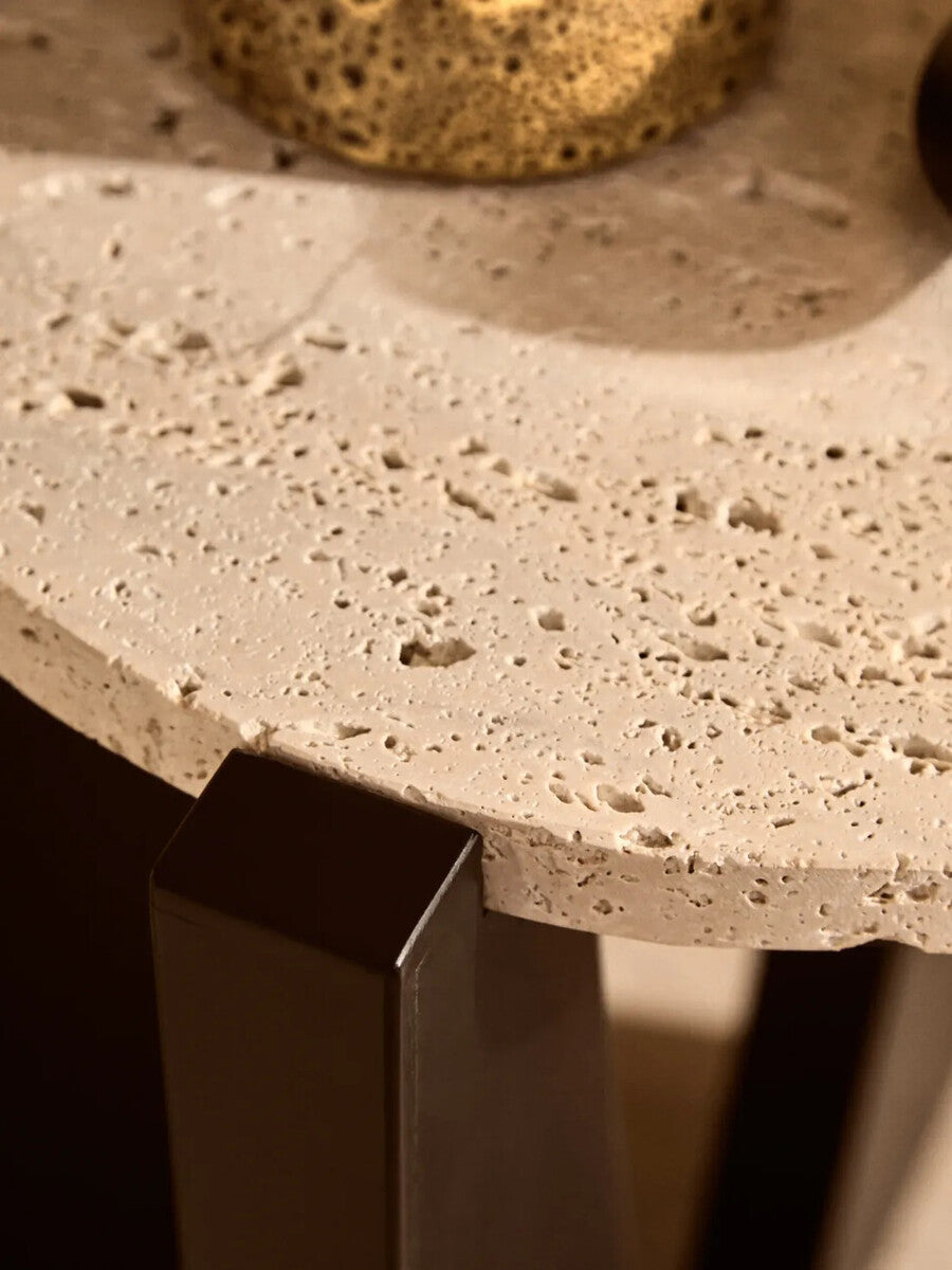 Winton Cream Travertine and Black Finish Acacia Wood Side Table