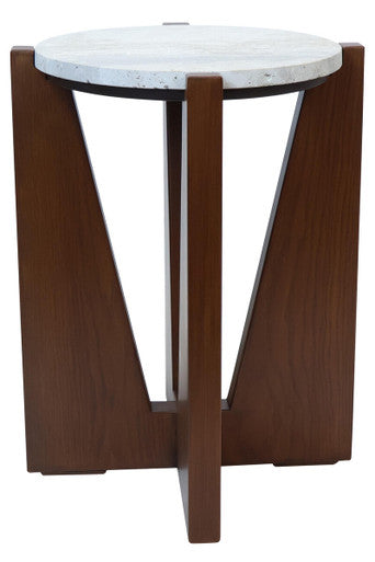 Winton Cream Travertine and Brown Finish Acacia Wood Side Table