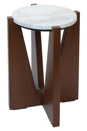 Winton Cream Travertine and Brown Finish Acacia Wood Side Table