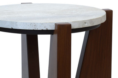 Winton Cream Travertine and Brown Finish Acacia Wood Side Table