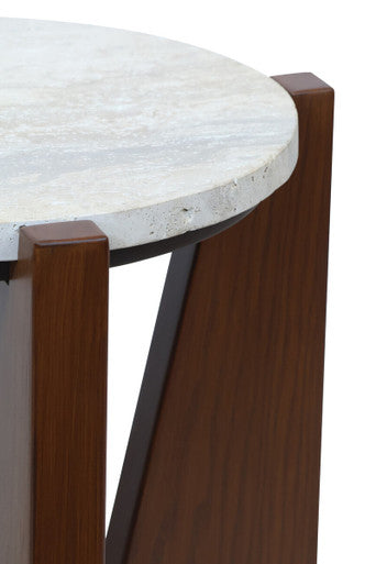 Winton Cream Travertine and Brown Finish Acacia Wood Side Table