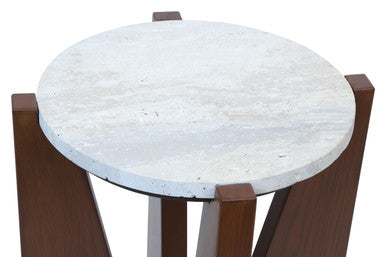 Winton Cream Travertine and Brown Finish Acacia Wood Side Table