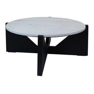 Cream Travertine Top Coffee Table with Black Acacia Wood Geometric Frame | Winton