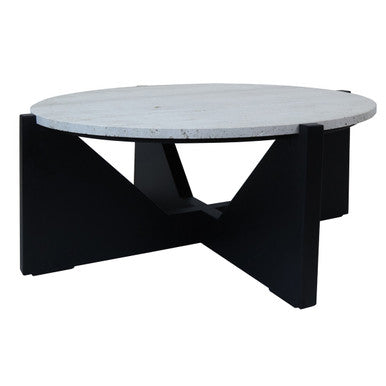 Cream Travertine Top Coffee Table with Black Acacia Wood Geometric Frame | Winton