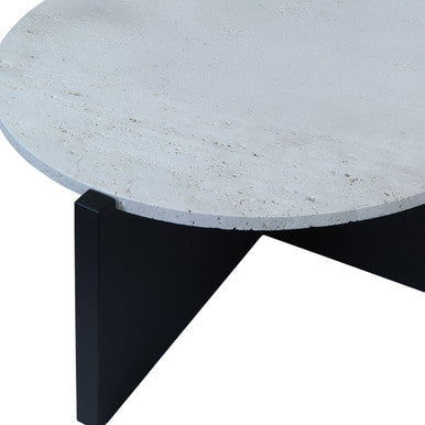 Cream Travertine Top Coffee Table with Black Acacia Wood Geometric Frame | Winton