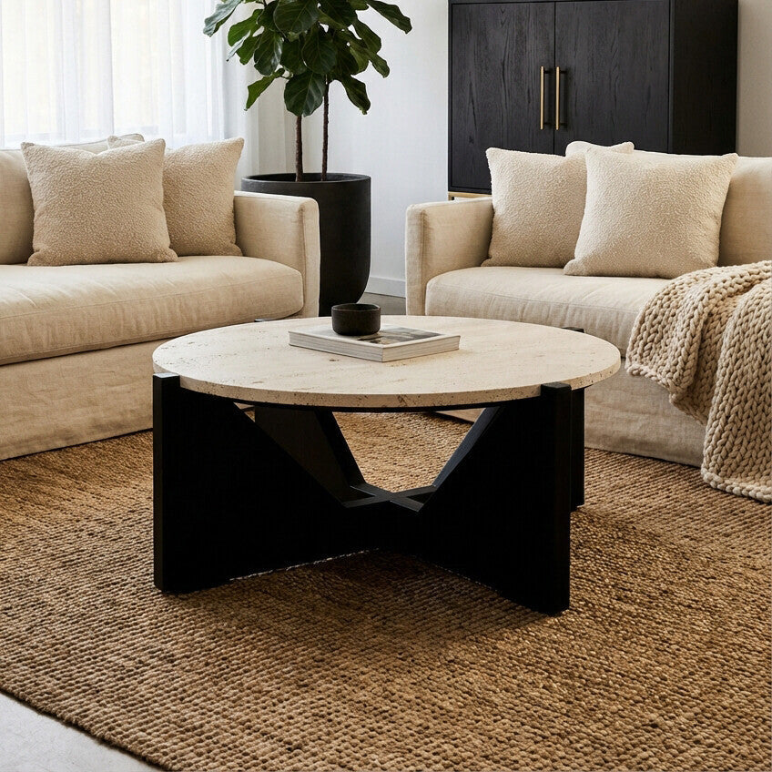 Cream Travertine Top Coffee Table with Black Acacia Wood Geometric Frame | Winton