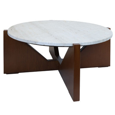 Winton Cream Travertine and Brown Finish Acacia Wood Coffee Table