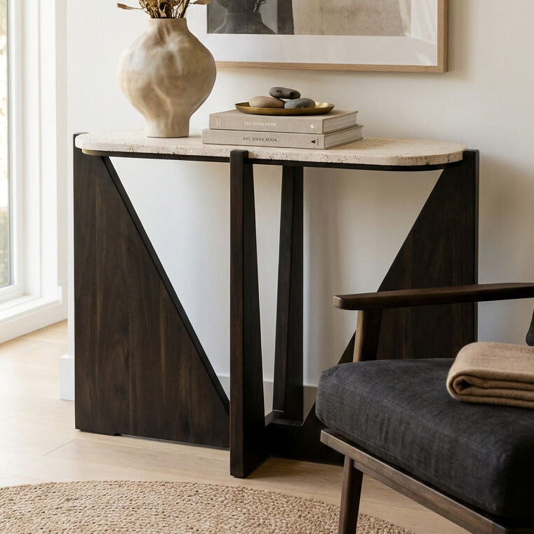 Winton Cream Travertine and Black Finish Acacia Wood Console Table
