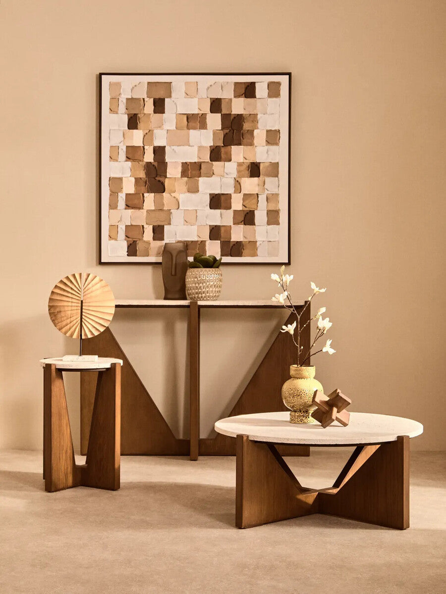 Winton Cream Travertine and Brown Finish Acacia Wood Console Table