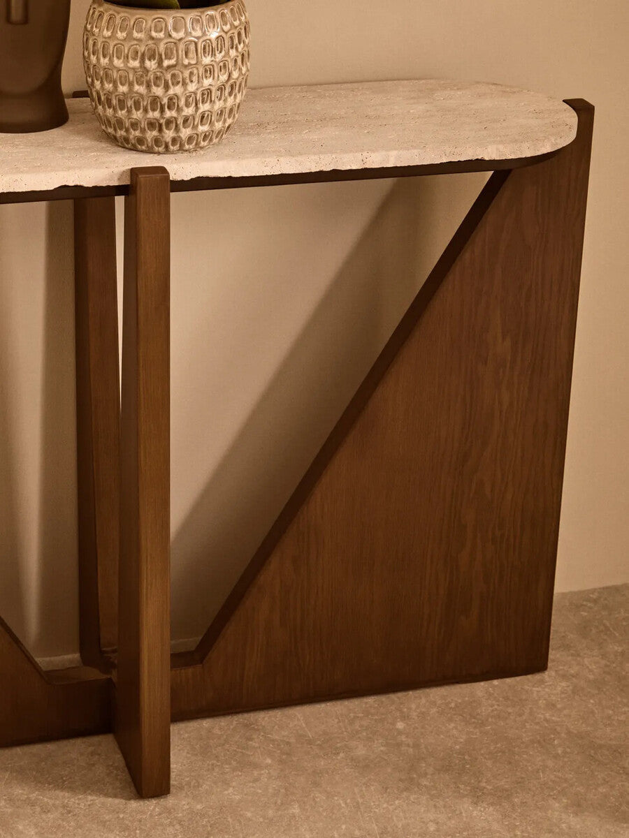 Winton Cream Travertine and Brown Finish Acacia Wood Console Table
