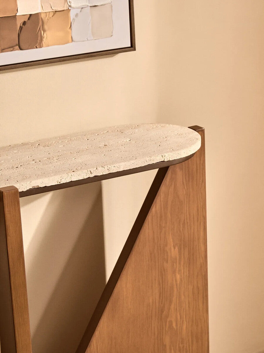 Winton Cream Travertine and Brown Finish Acacia Wood Console Table