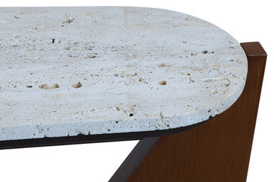 Winton Cream Travertine and Brown Finish Acacia Wood Console Table