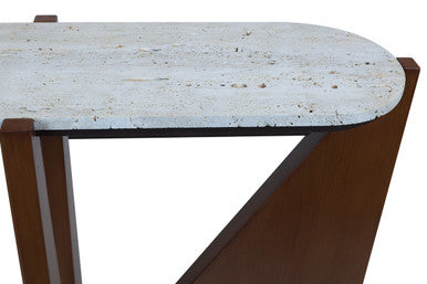Winton Cream Travertine and Brown Finish Acacia Wood Console Table