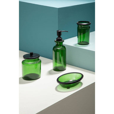 Allegra Green Glass Bathroom Toothbrush Holder with Stainless Steel Divider