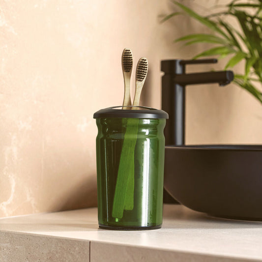 Allegra Green Glass Bathroom Toothbrush Holder with Stainless Steel Divider