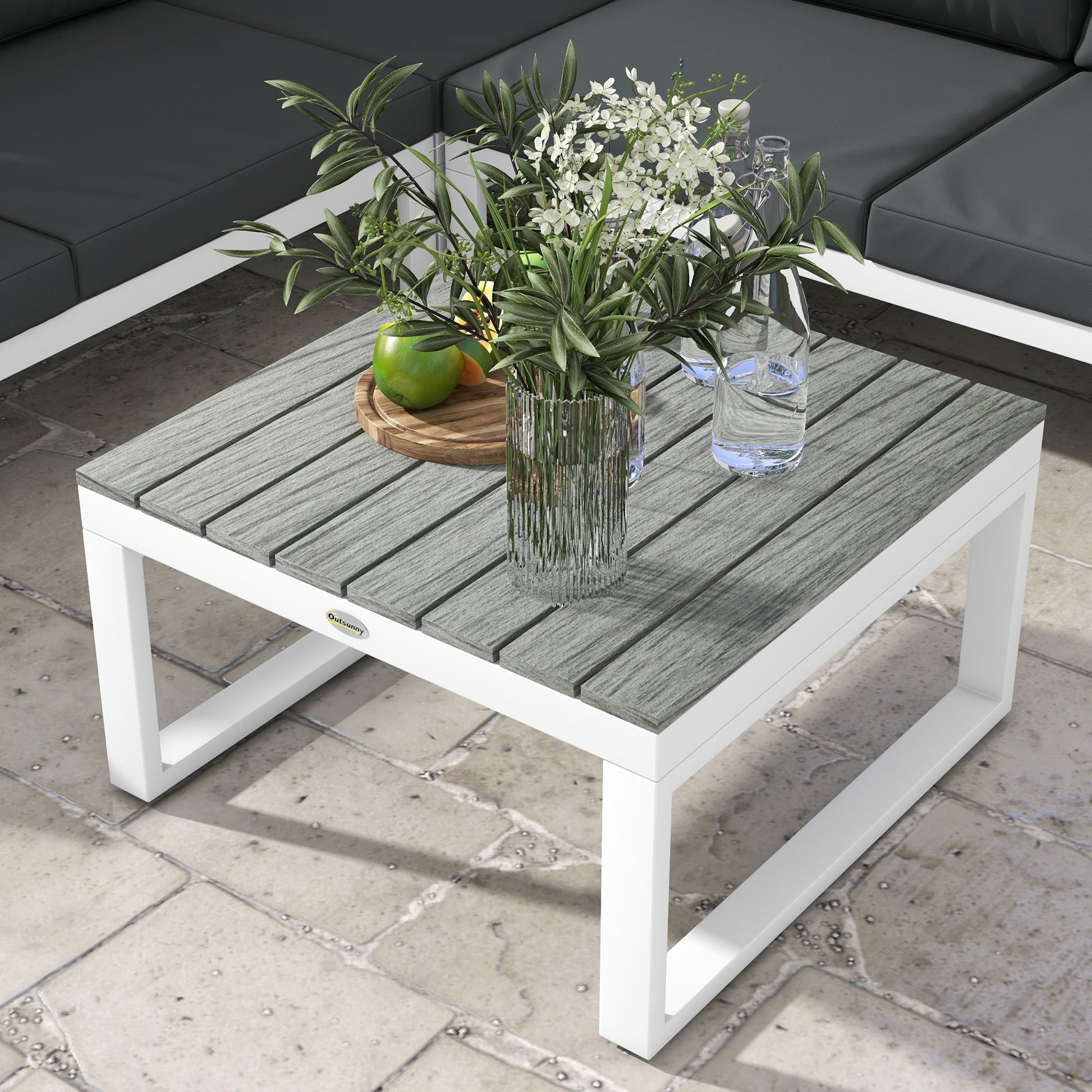 4 Pieces Patio Garden Set with 5-Level Recline Corner Sofa, Outdoor Garden Lounge Sectional Conversation Sofa Set with Cushions, Wood Grain Plastic Table, White  Frame Grey Cushion