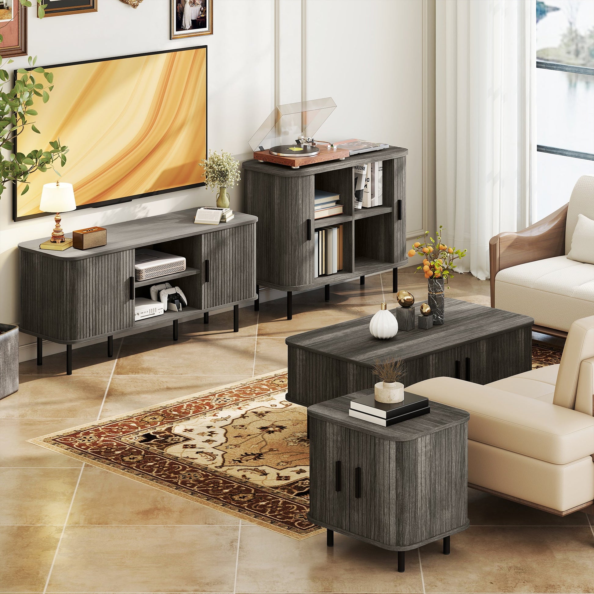 Coffee Table with Storage, Living Room Table with Slatted Tambour Sliding Doors and Foot Pads, Rectangular Coffee Table with Elevated Base for Living Room, Grey Wood-Effect