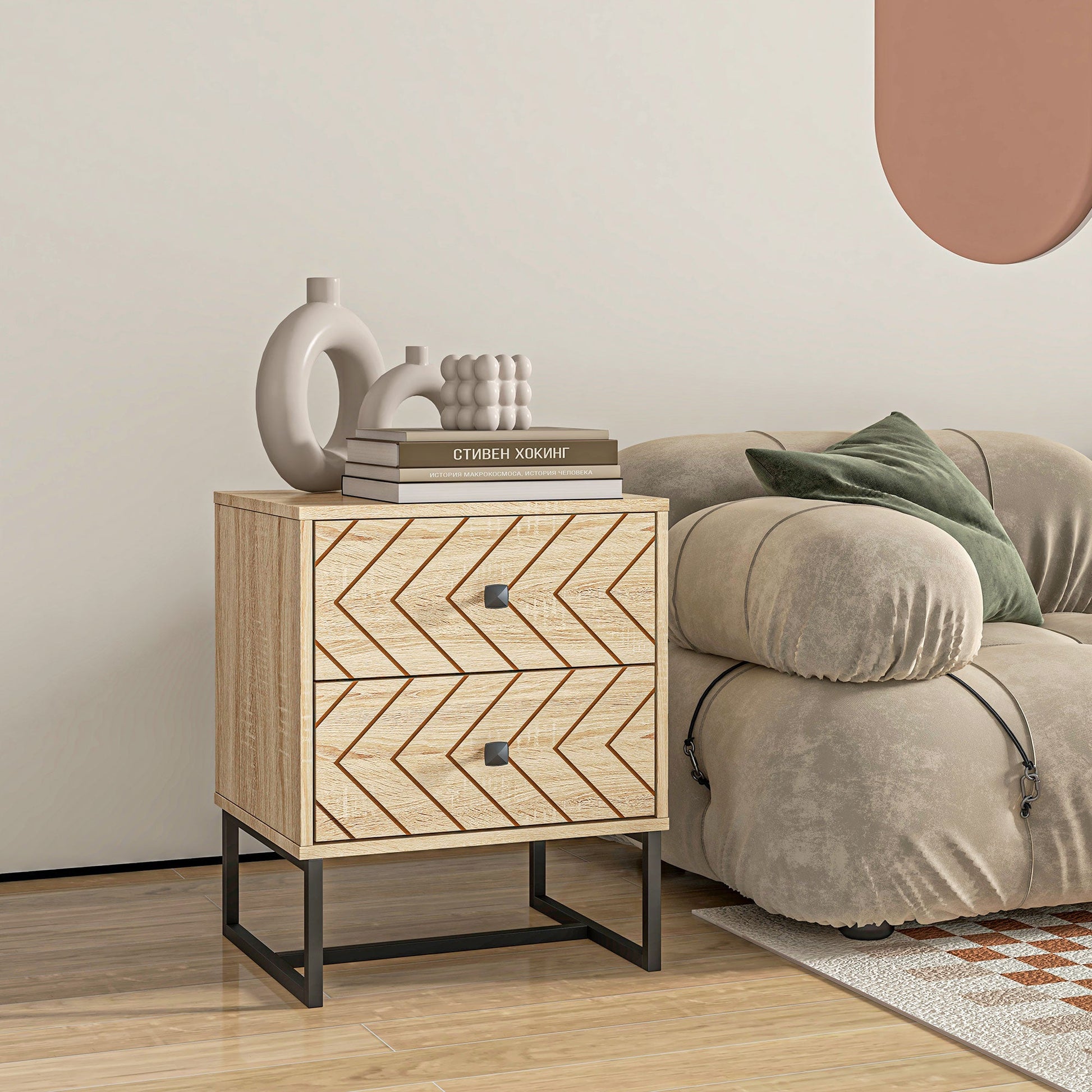 Bedside Table Nightstand Two-Drawer Bedroom Storage Unit Zig Zag Design with Black Metal Handles, Natural