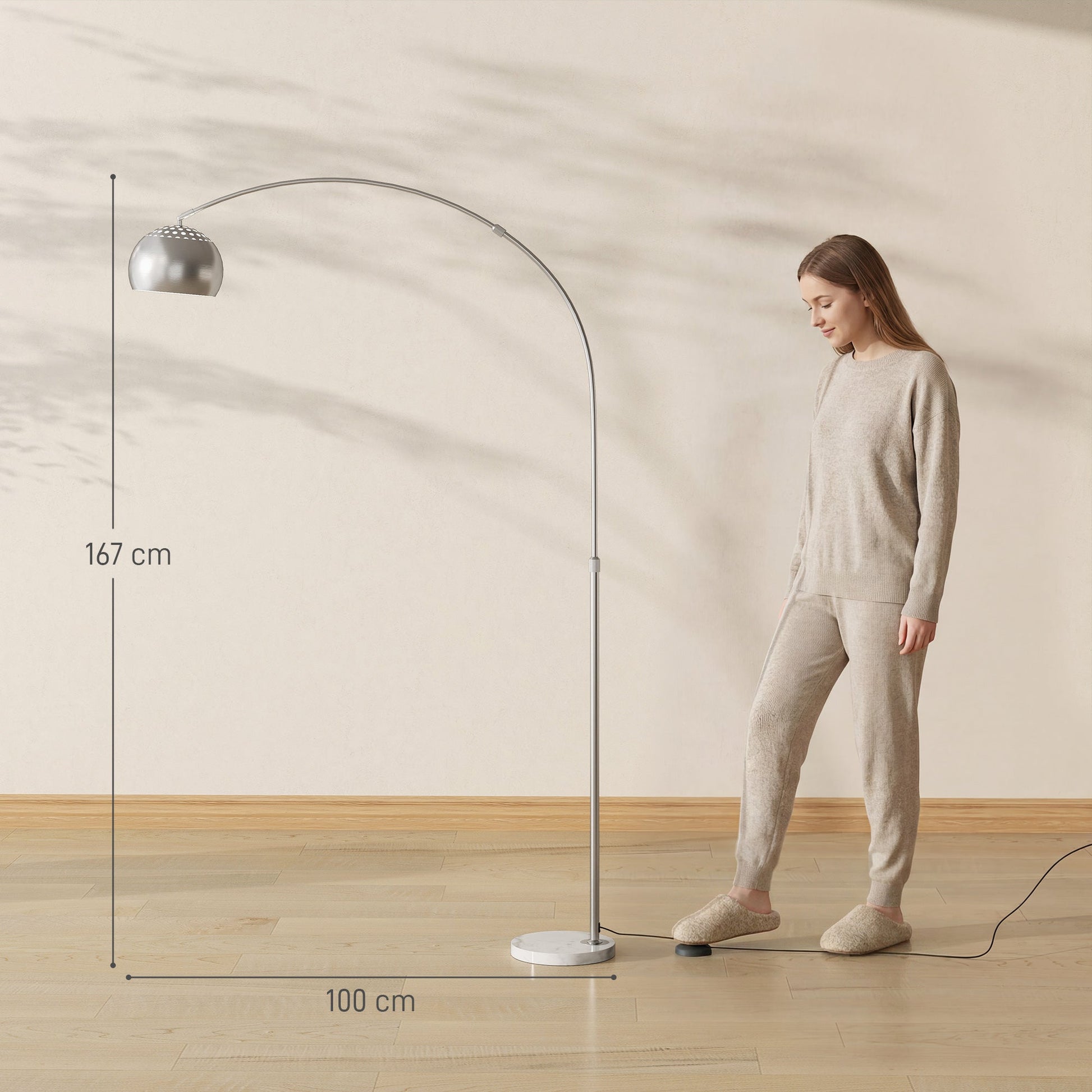Arc Floor Lamp for Living Room, Modern Adjustable Standing Lamp with Faux Black Marble Base Silver Tone